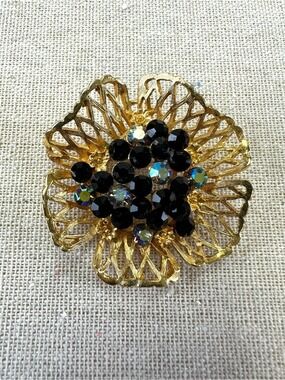 Vintage Coro brooch Vermeil gold black Aurora Borealis crystal pin Accessory